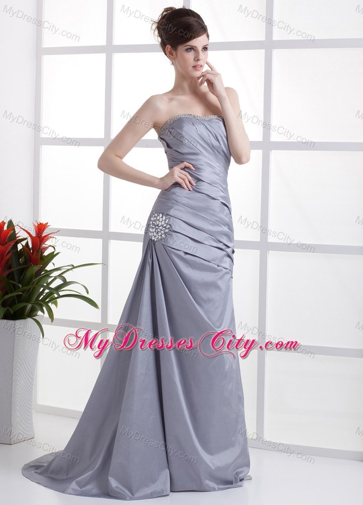 Beading Neckline Column Grey Taffeta Brush Train 2013 Prom Dress