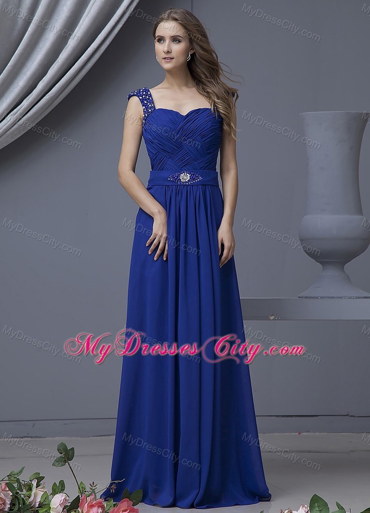 Beaded Straps Blue Ruche Sweetheart Chiffon Floor-length Prom Dress