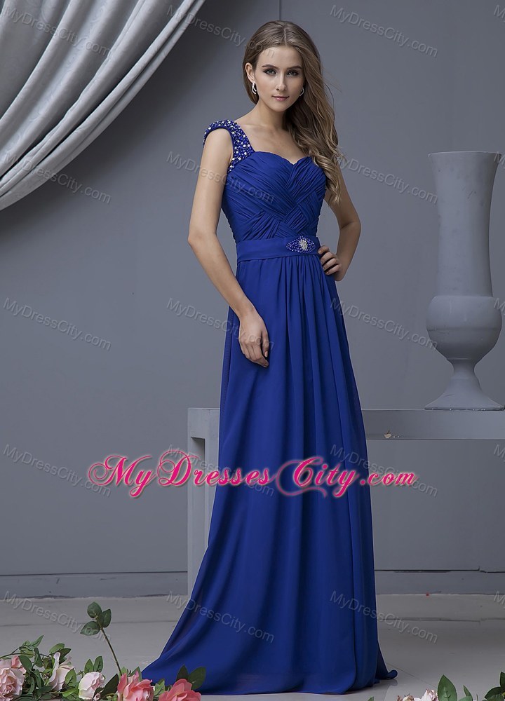 Beaded Straps Blue Ruche Sweetheart Chiffon Floor-length Prom Dress