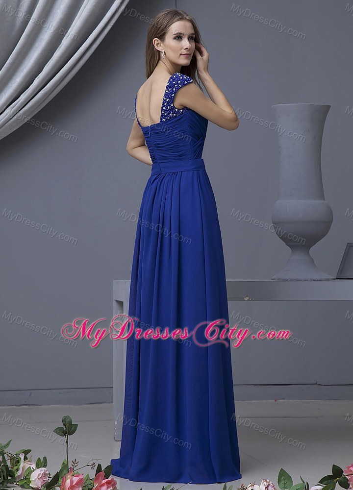 Beaded Straps Blue Ruche Sweetheart Chiffon Floor-length Prom Dress