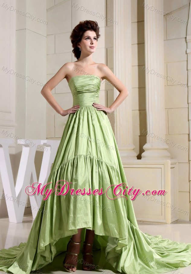 Strapless Yellow Green Ruching Fitted Prom Dress with Court Train