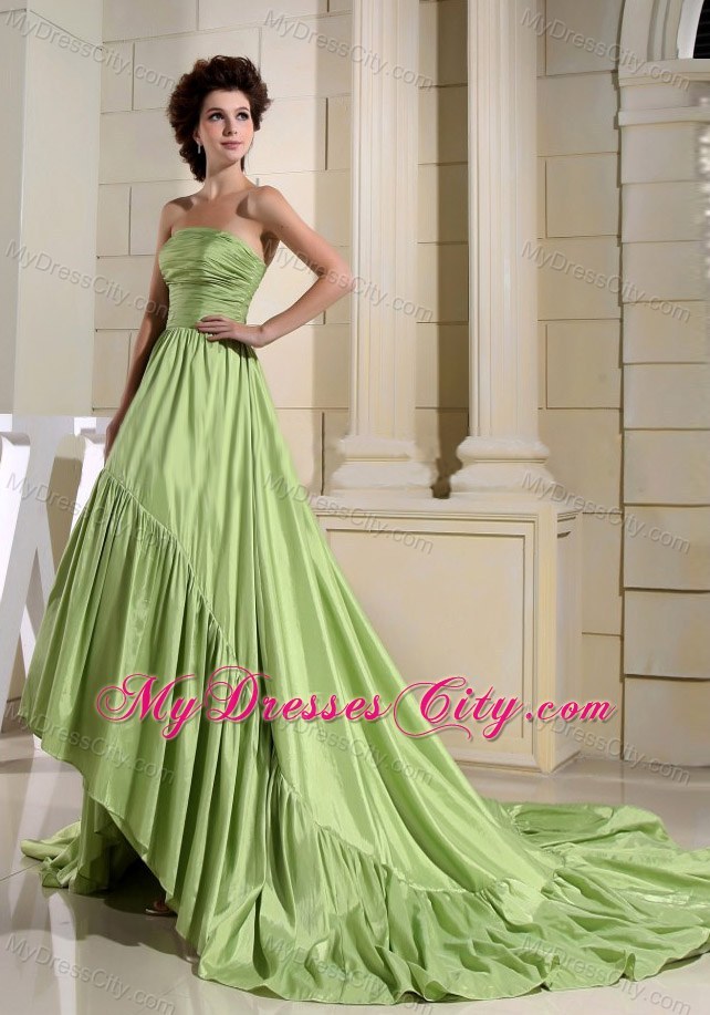 Strapless Yellow Green Ruching Fitted Prom Dress with Court Train