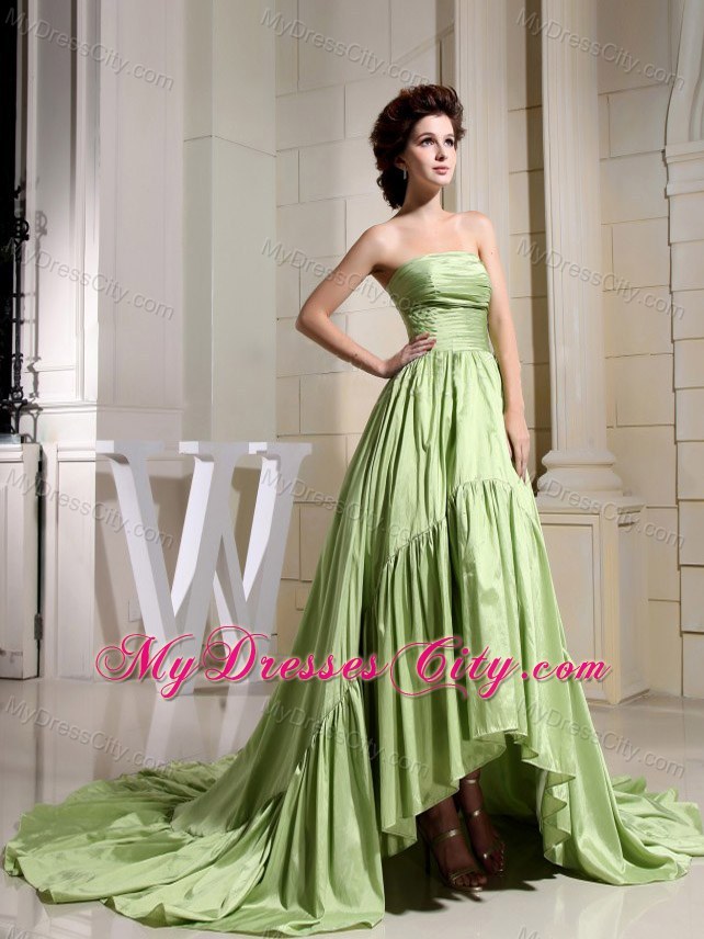 Strapless Yellow Green Ruching Fitted Prom Dress with Court Train