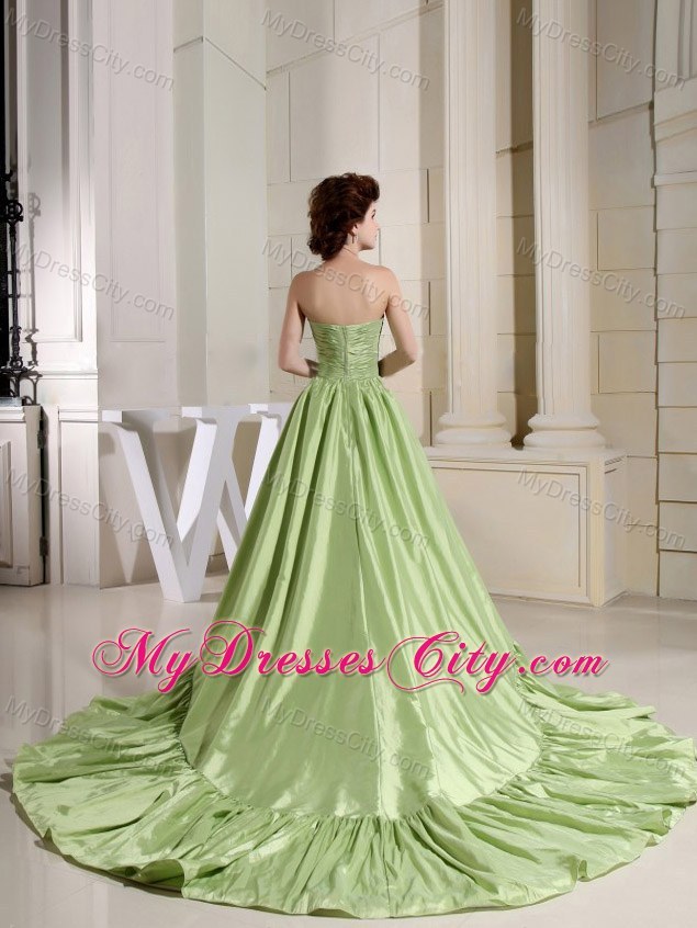 Strapless Yellow Green Ruching Fitted Prom Dress with Court Train