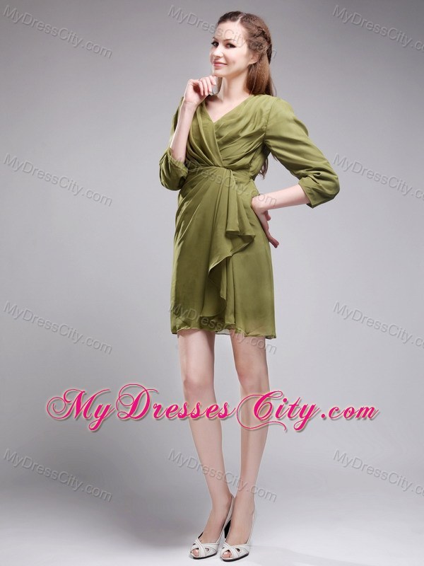 Column V-neck Mini-length Chiffon Olive Green Prom Gowns