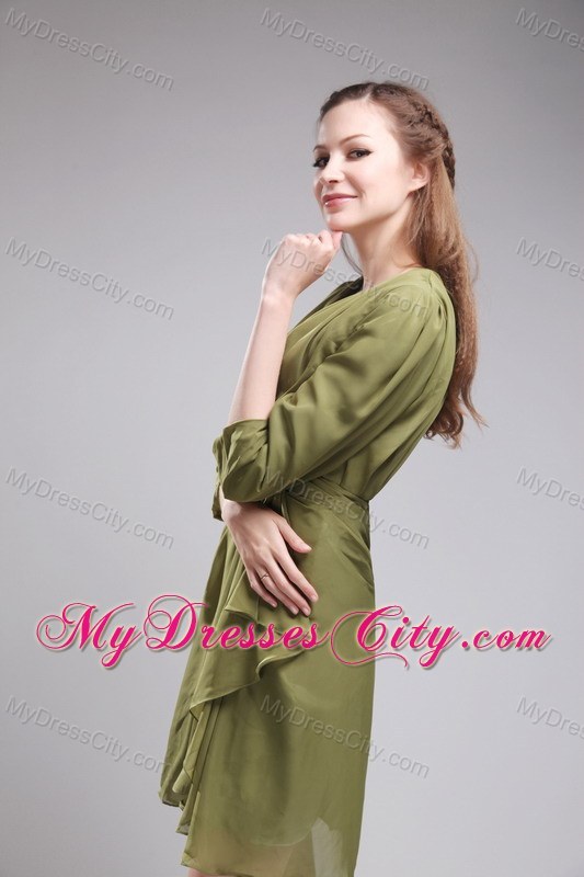 Column V-neck Mini-length Chiffon Olive Green Prom Gowns