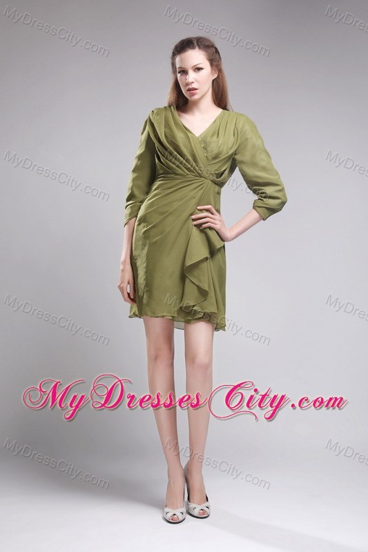 Column V-neck Mini-length Chiffon Olive Green Prom Gowns