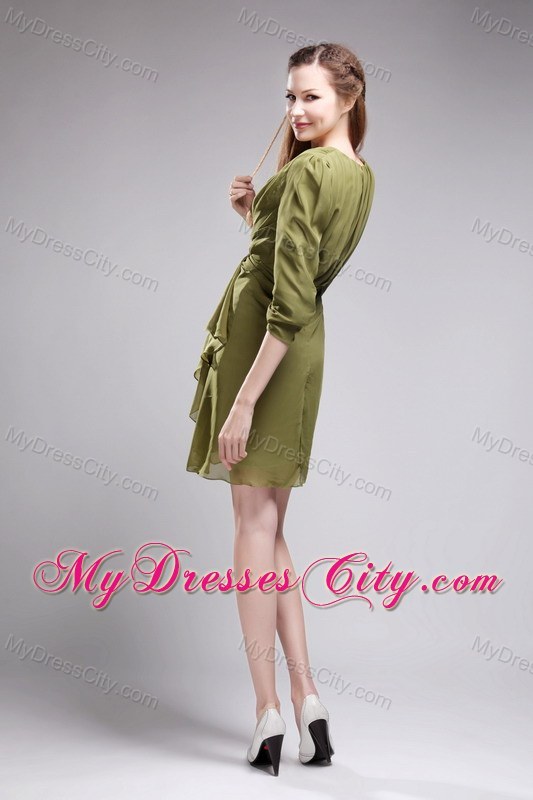 Column V-neck Mini-length Chiffon Olive Green Prom Gowns