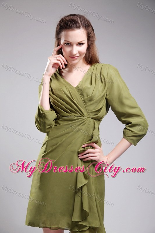 Column V-neck Mini-length Chiffon Olive Green Prom Gowns