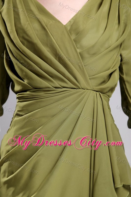 Column V-neck Mini-length Chiffon Olive Green Prom Gowns