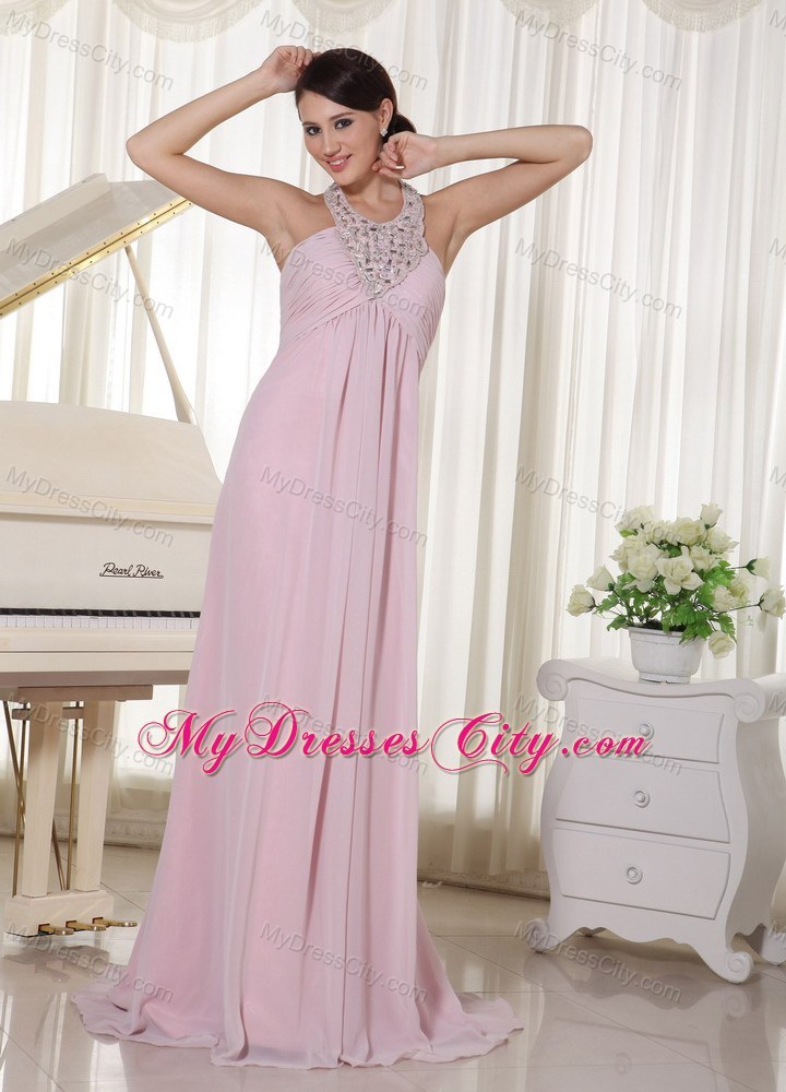 Baby Beaded Pink Halter Prom Dress With Brush Train