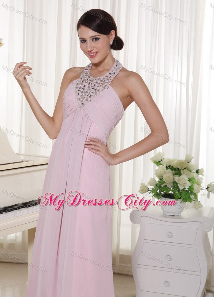 Baby Beaded Pink Halter Prom Dress With Brush Train