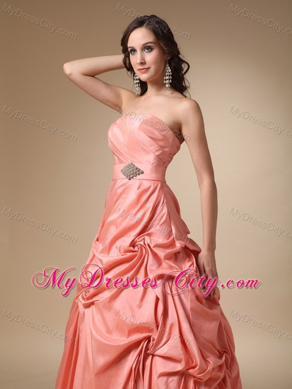 Rust Red Strapless Taffeta Pick-ups and Beading Prom Gowns