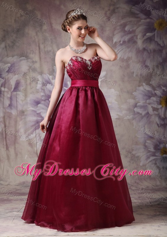 Burgundy A-line Sweetheart Prom Dress with Appliques and Sash