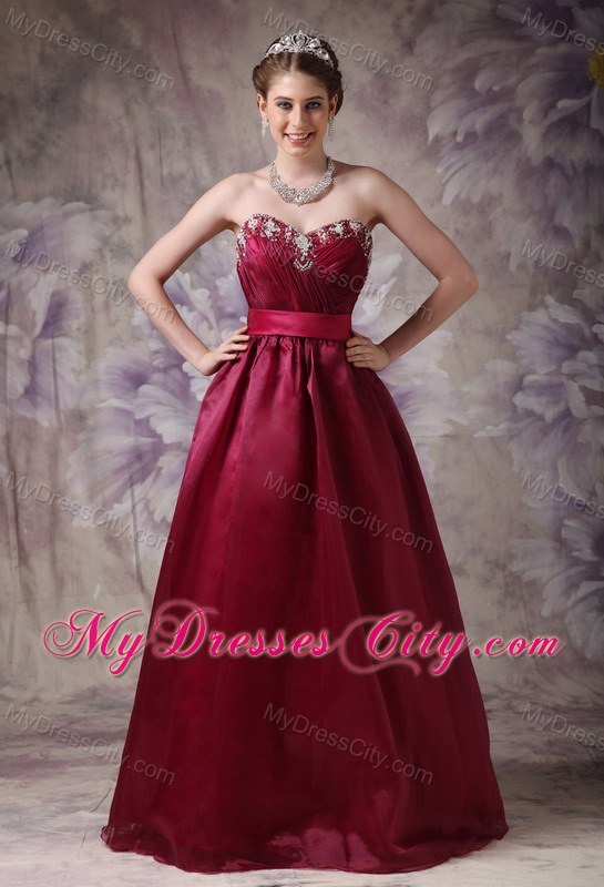 Burgundy A-line Sweetheart Prom Dress with Appliques and Sash