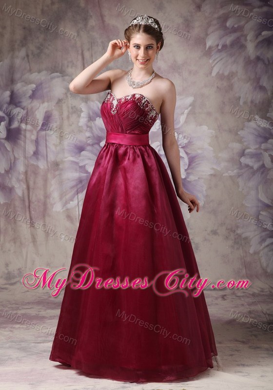 Burgundy A-line Sweetheart Prom Dress with Appliques and Sash