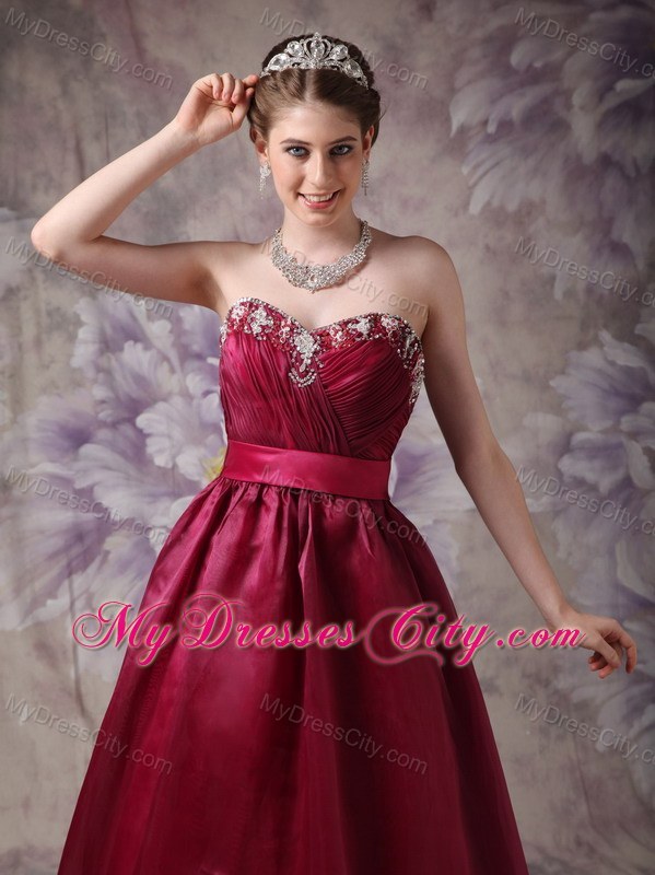 Burgundy A-line Sweetheart Prom Dress with Appliques and Sash