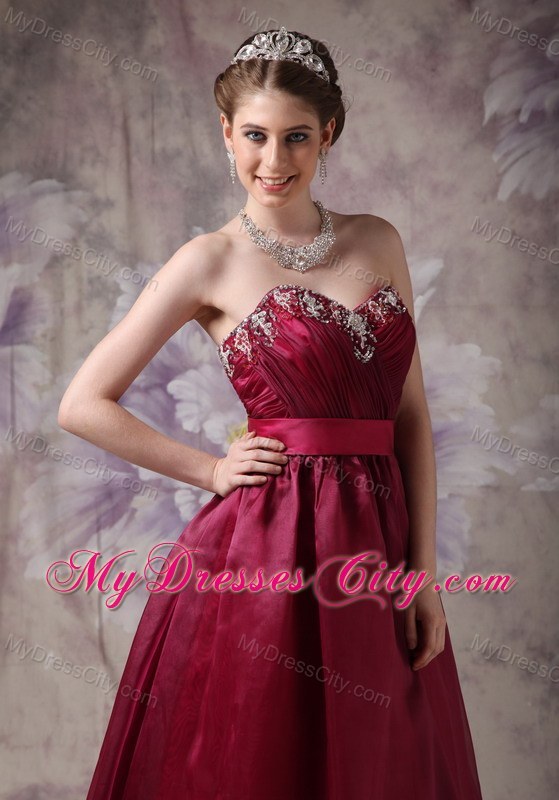 Burgundy A-line Sweetheart Prom Dress with Appliques and Sash