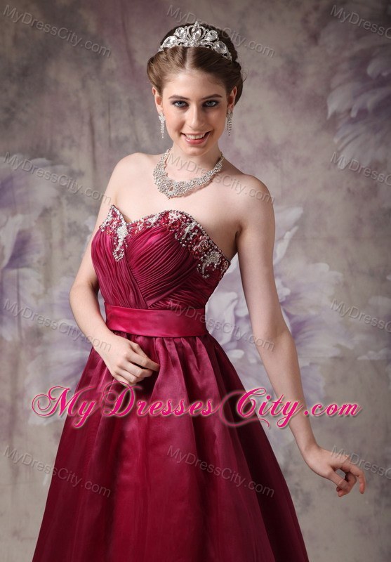 Burgundy A-line Sweetheart Prom Dress with Appliques and Sash