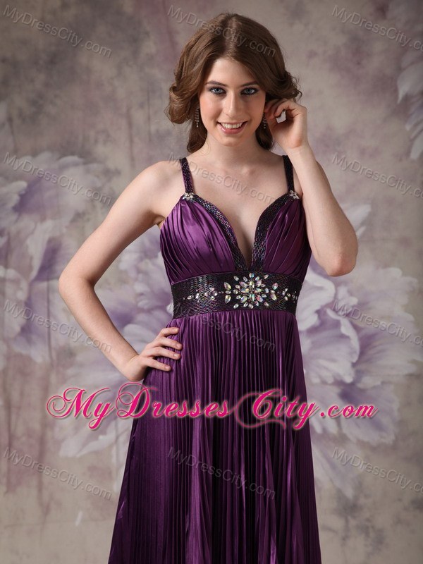 V-neck Straps Dark Purple Column Prom Dress