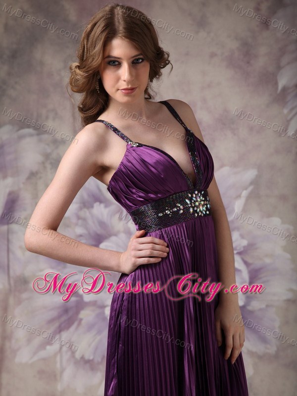 V-neck Straps Dark Purple Column Prom Dress