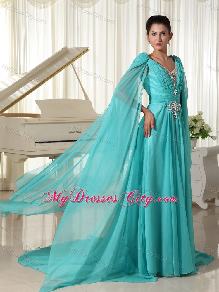 V-neck Turquoise Beaded Watteau Train Prom Dress