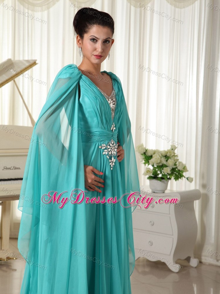 V-neck Turquoise Beaded Watteau Train Prom Dress