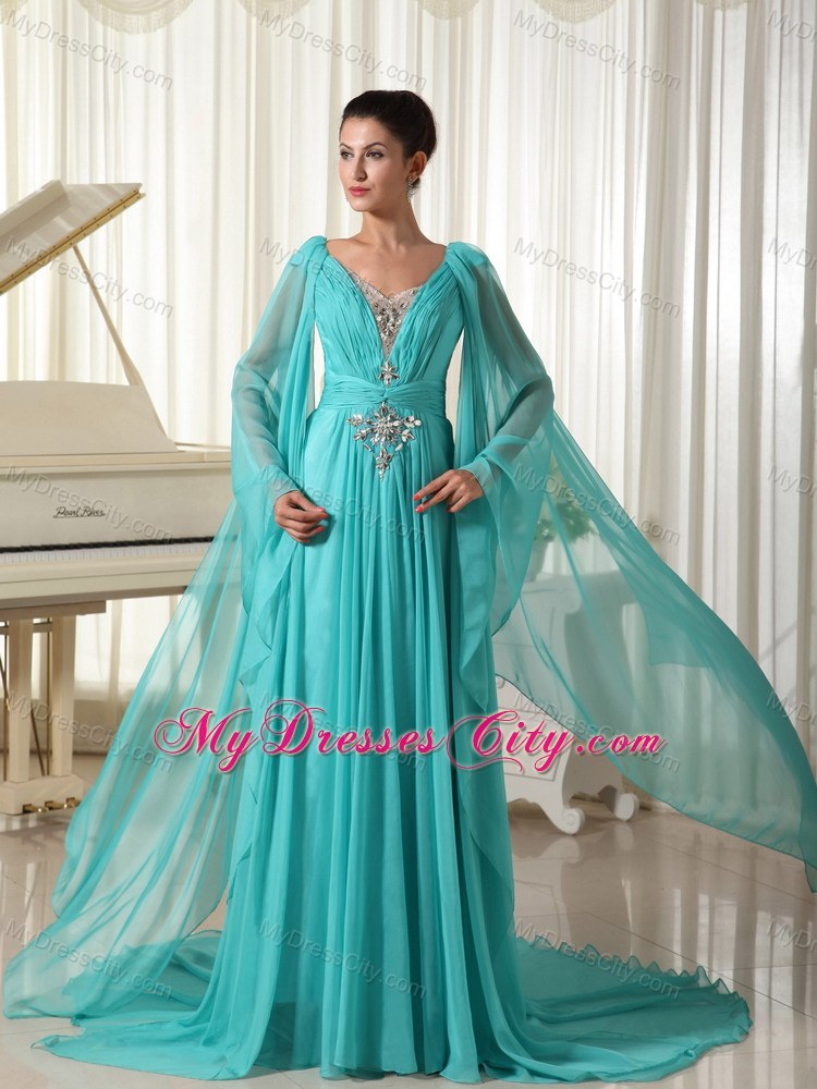 V-neck Turquoise Beaded Watteau Train Prom Dress