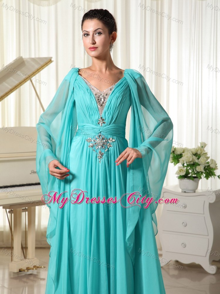 V-neck Turquoise Beaded Watteau Train Prom Dress