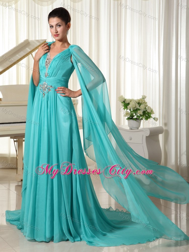 V-neck Turquoise Beaded Watteau Train Prom Dress