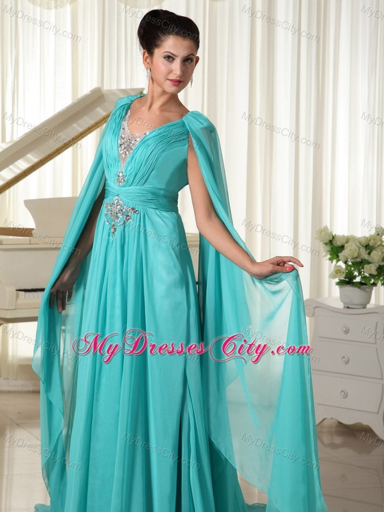 V-neck Turquoise Beaded Watteau Train Prom Dress