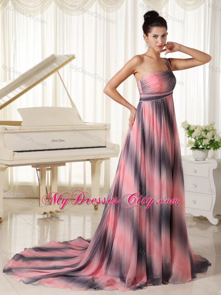 Ombre Colored One Shoulder Prom Dress With Court Train