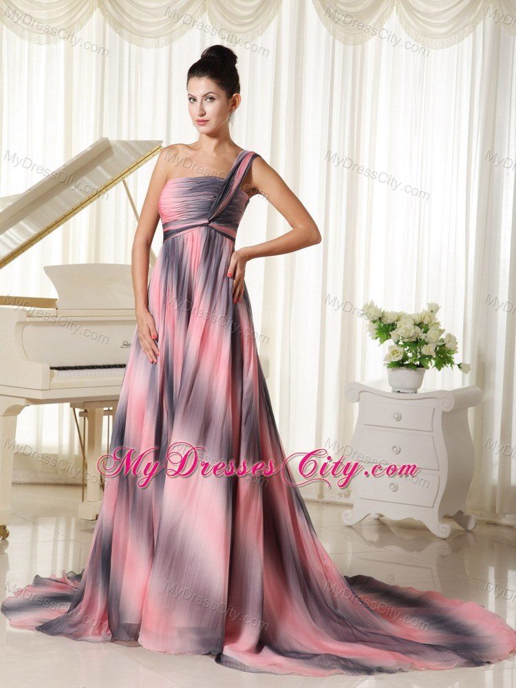 Ombre Colored One Shoulder Prom Dress With Court Train