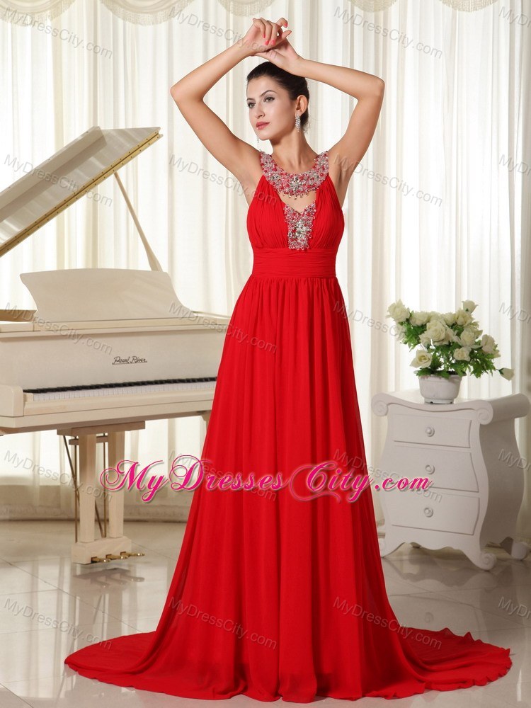 Beaded Scoop Prom Dress with Brush Train in Red