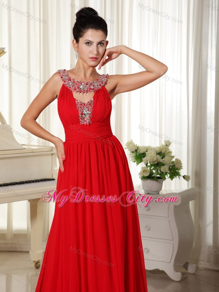 Beaded Scoop Prom Dress with Brush Train in Red