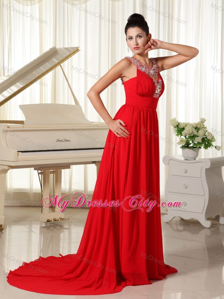 Beaded Scoop Prom Dress with Brush Train in Red