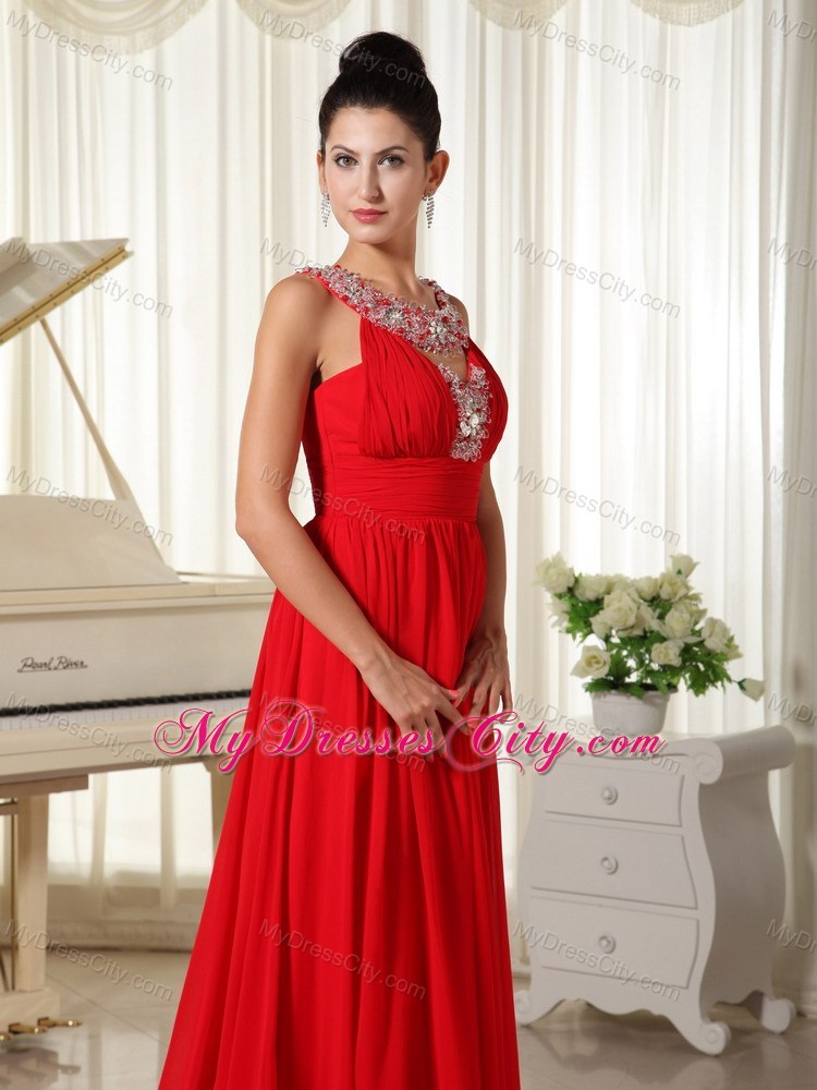 Beaded Scoop Prom Dress with Brush Train in Red