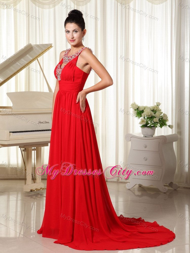 Beaded Scoop Prom Dress with Brush Train in Red