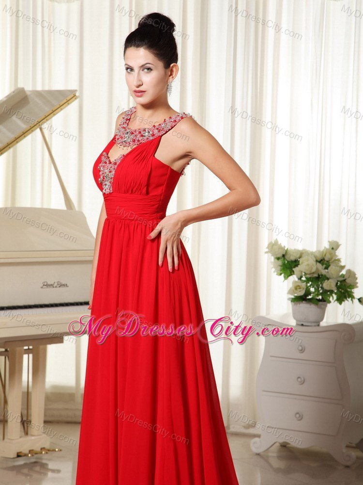 Beaded Scoop Prom Dress with Brush Train in Red