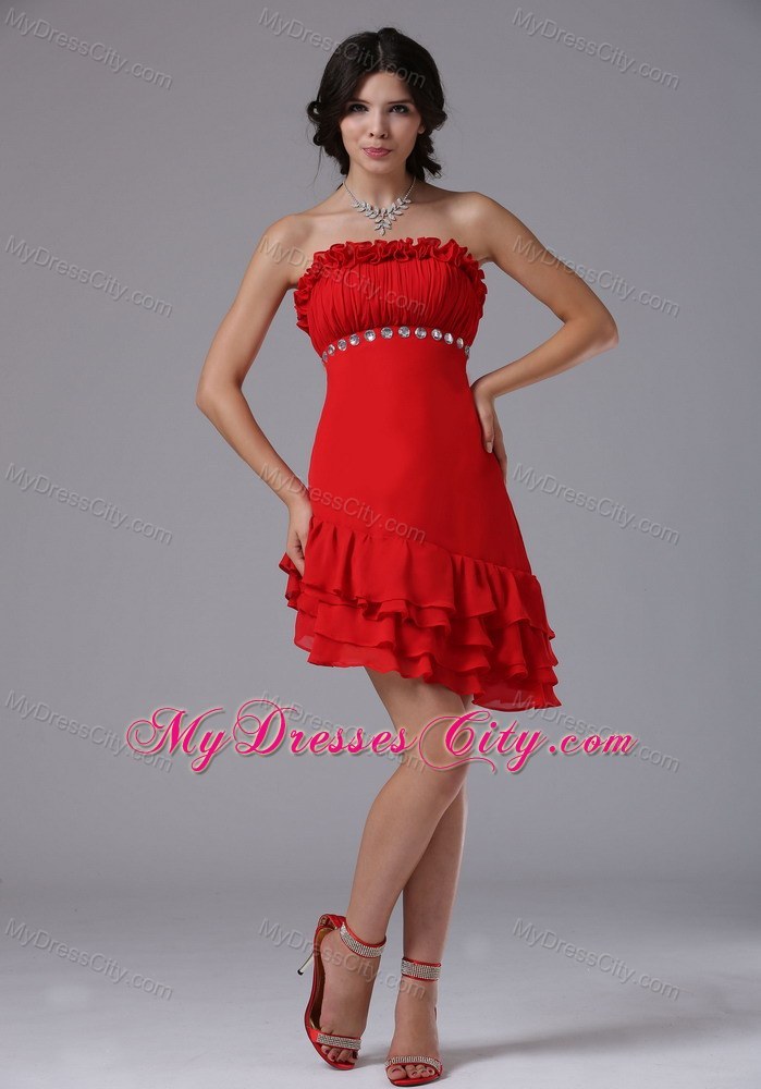 Red Strapless Beading Asymmetrical Prom Dress