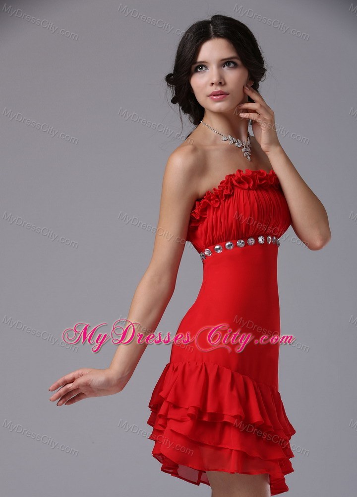 Red Strapless Beading Asymmetrical Prom Dress