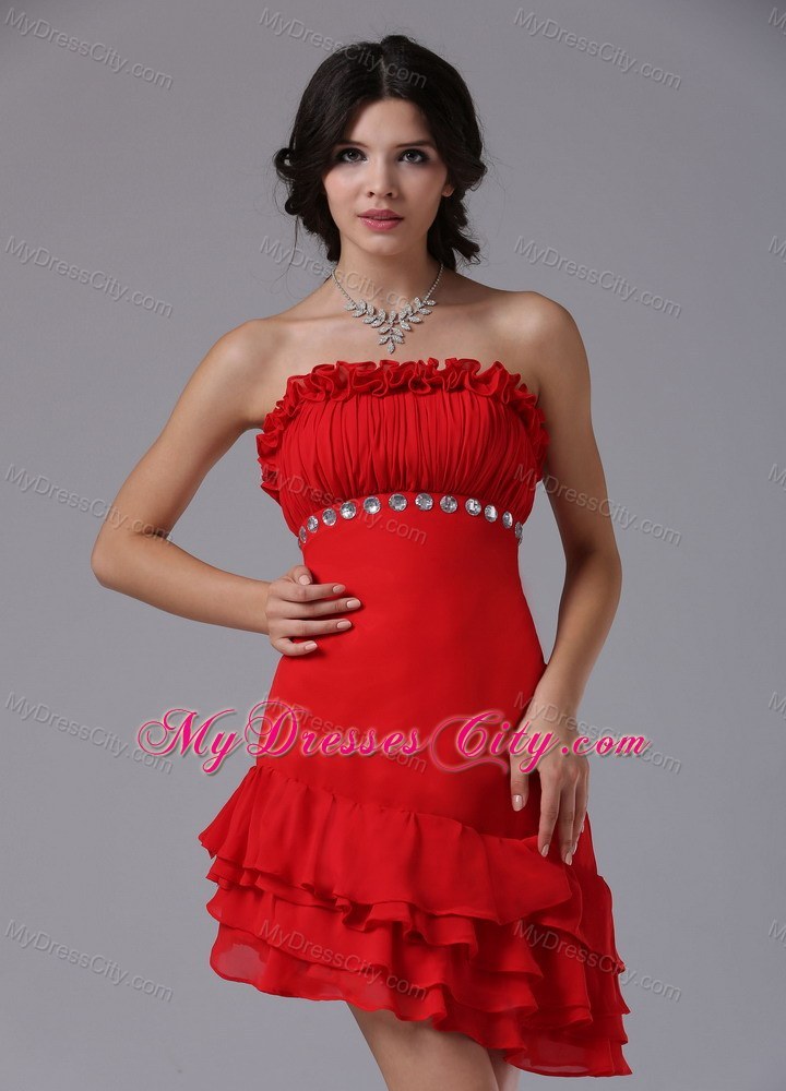 Red Strapless Beading Asymmetrical Prom Dress