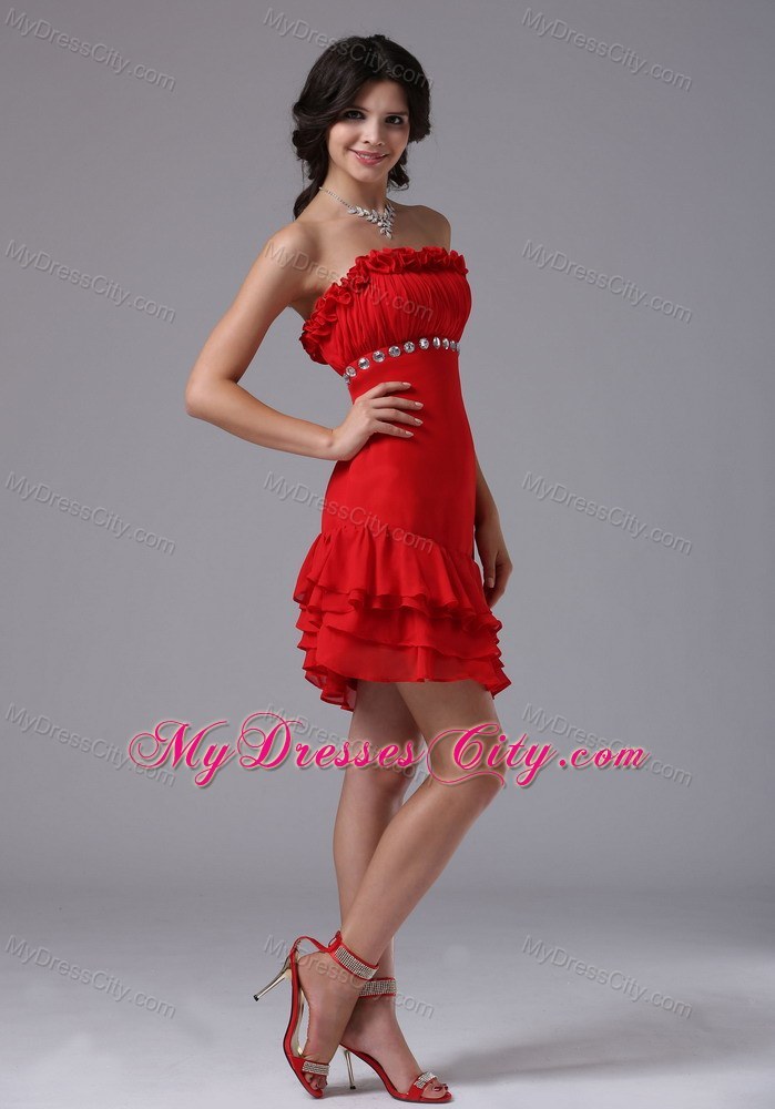 Red Strapless Beading Asymmetrical Prom Dress