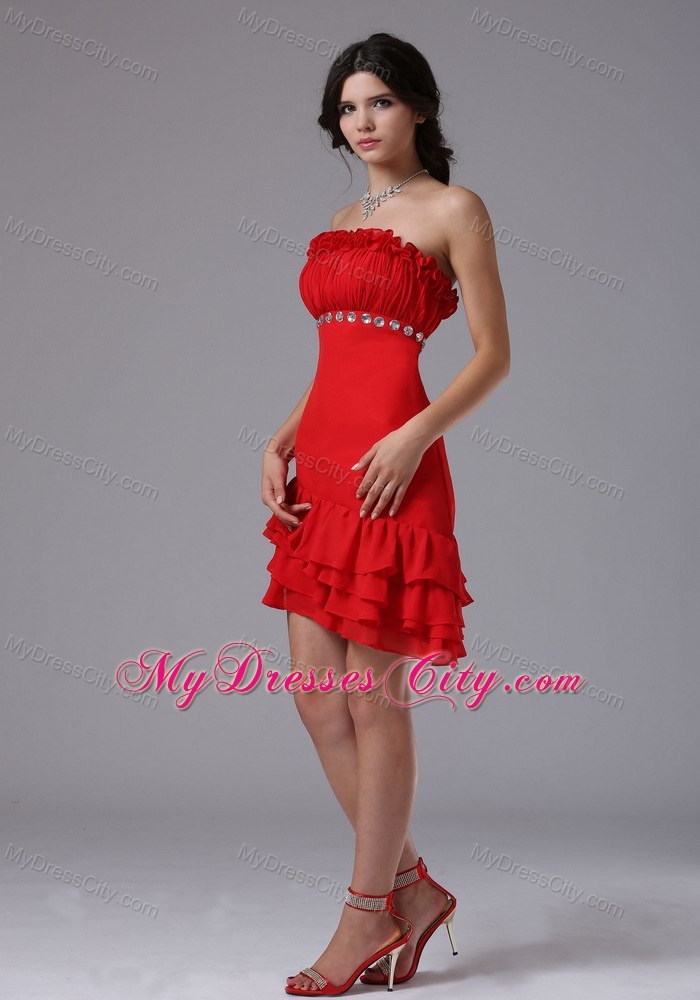 Red Strapless Beading Asymmetrical Prom Dress