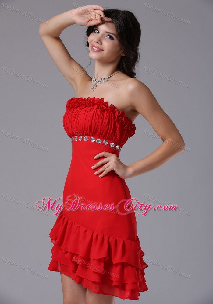 Red Strapless Beading Asymmetrical Prom Dress