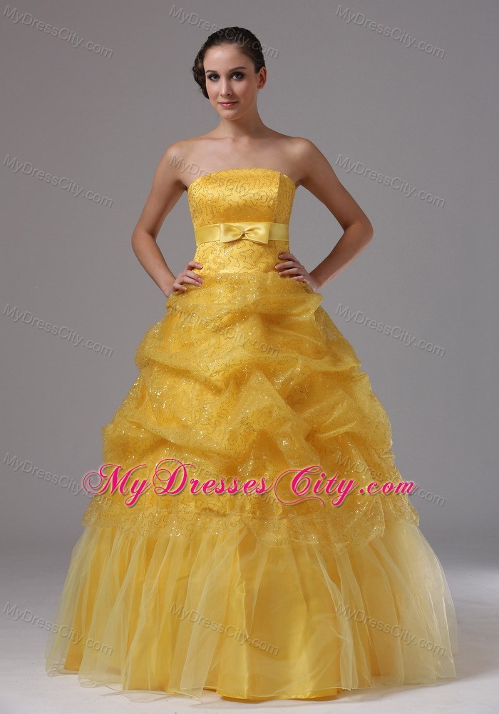 Gold Beaded Prom Gowns With Pick-ups and Bowknot