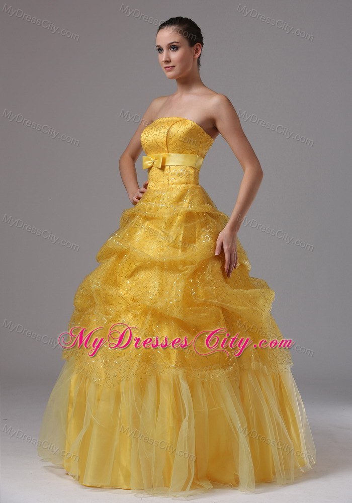 Gold Beaded Prom Gowns With Pick-ups and Bowknot