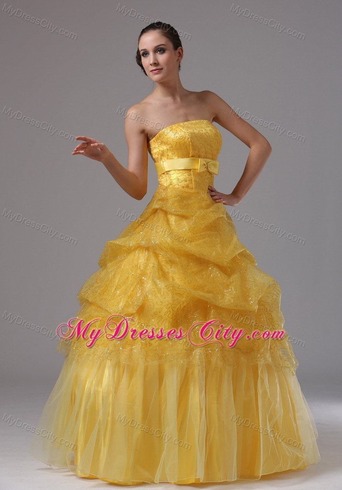 Gold Beaded Prom Gowns With Pick-ups and Bowknot