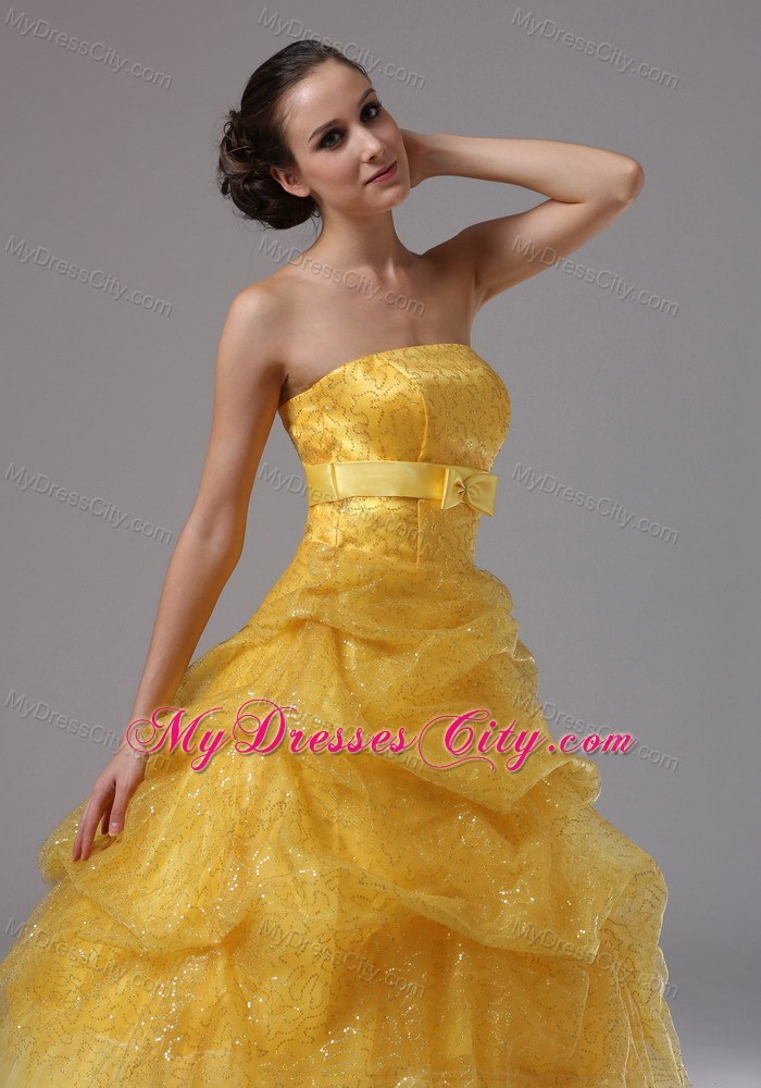 Gold Beaded Prom Gowns With Pick-ups and Bowknot