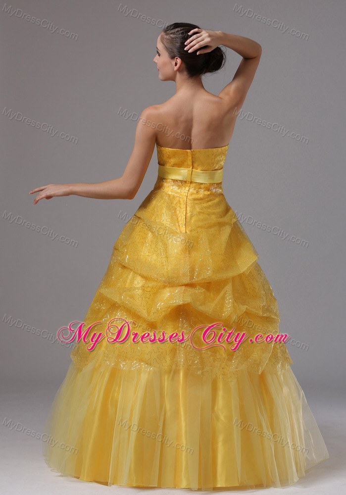 Gold Beaded Prom Gowns With Pick-ups and Bowknot